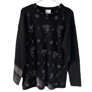 B4 TR Bentley Sweater Old Money M Black Ramie Cotton Beaded Floral Vintage 90s